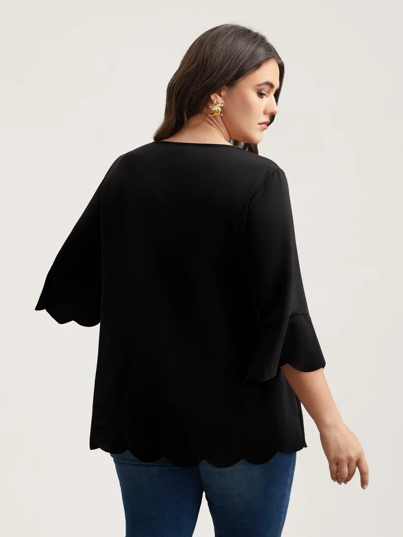 Beads Embellished Scalloped Hem Shirt