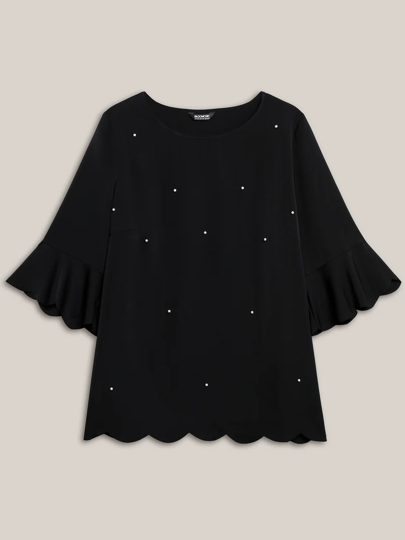 Beads Embellished Scalloped Hem Shirt