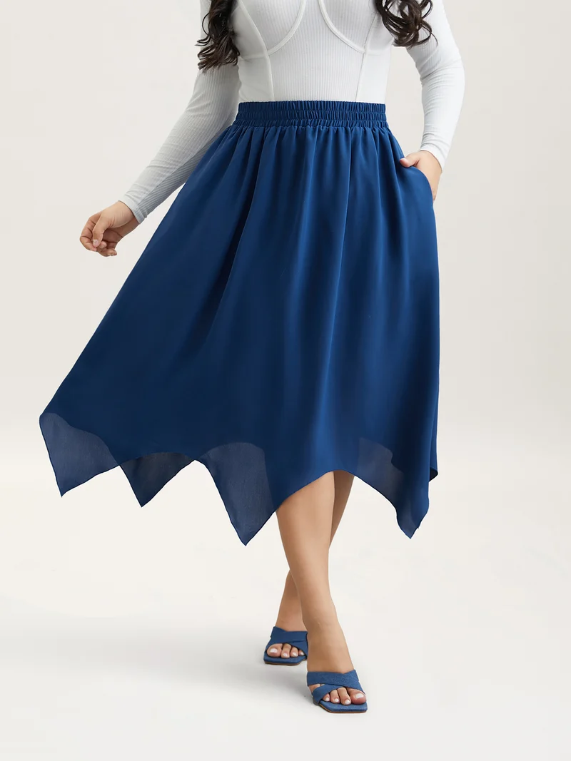 Asymmetrical Hem Stretchy-Waist Plain Midi Skirt