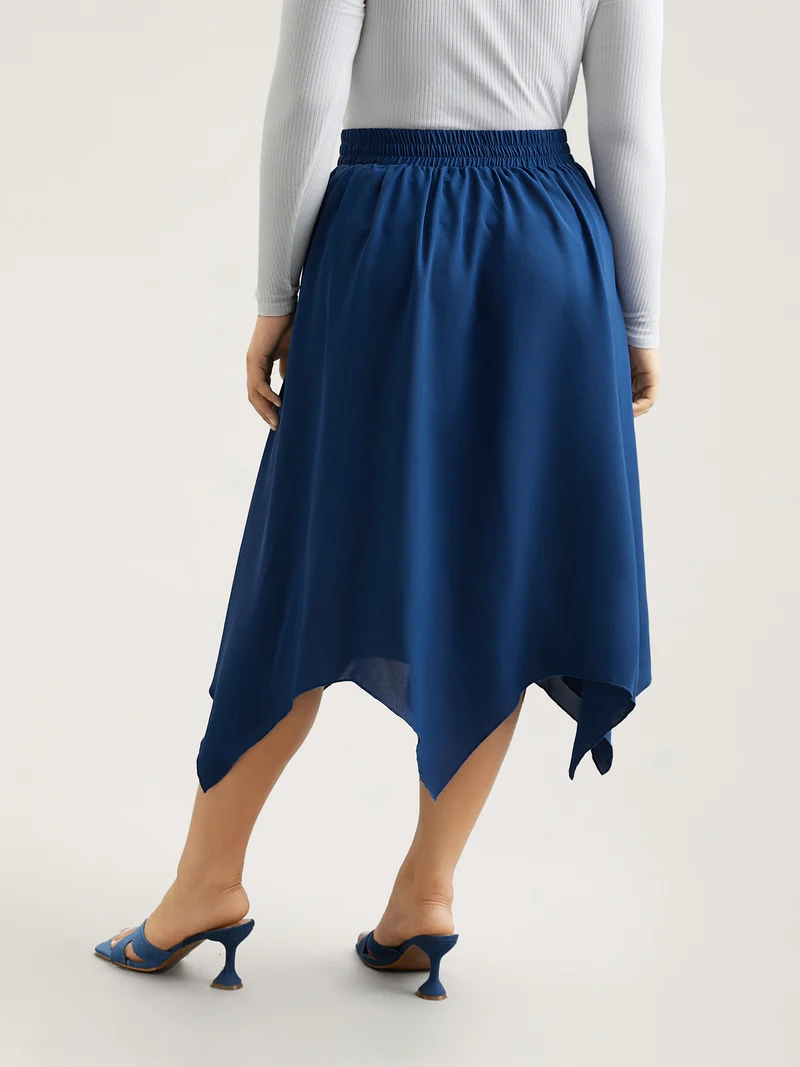 Asymmetrical Hem Stretchy-Waist Plain Midi Skirt