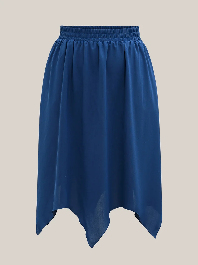 Asymmetrical Hem Stretchy-Waist Plain Midi Skirt