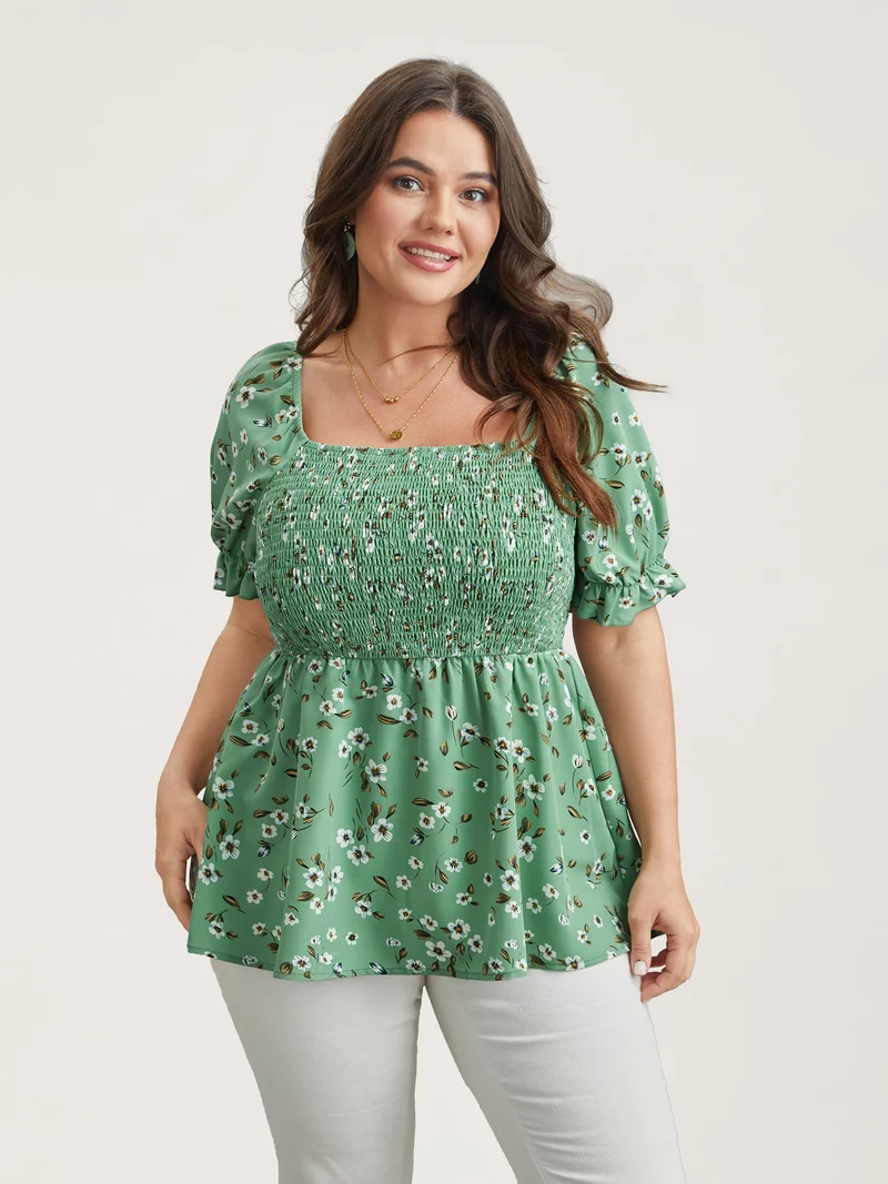 Floral Print Smocked Stretchy Waist Shirt