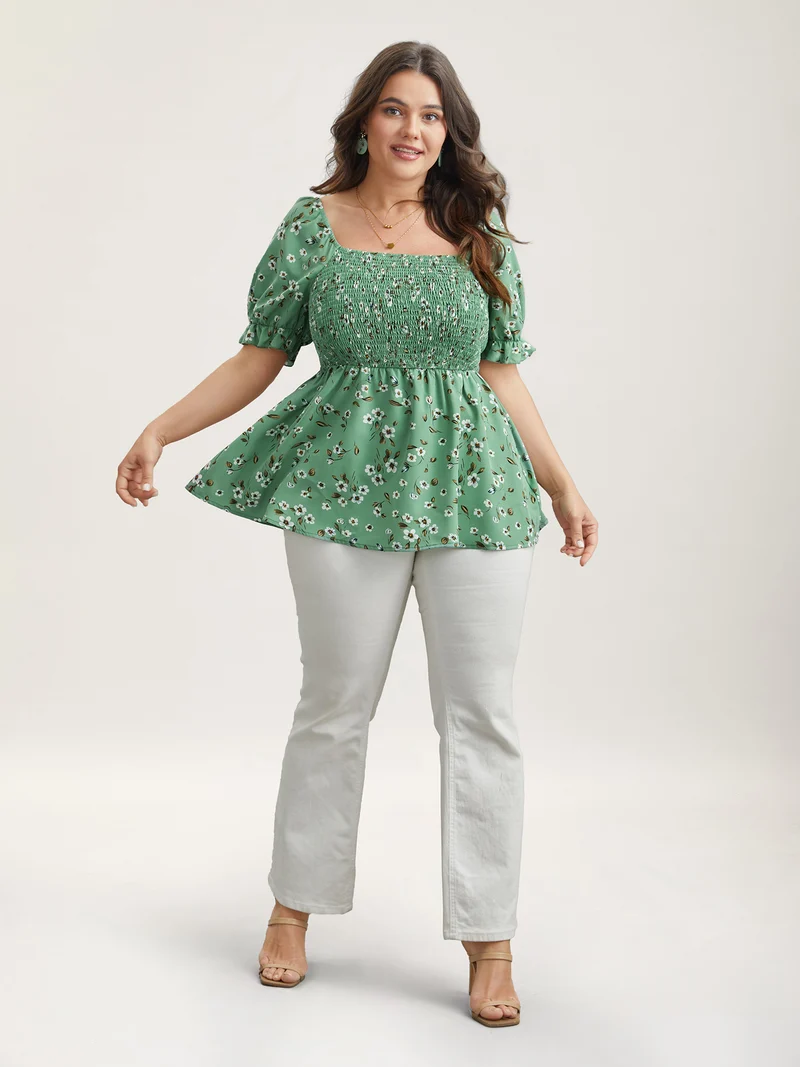 Floral Print Smocked Stretchy Waist Shirt