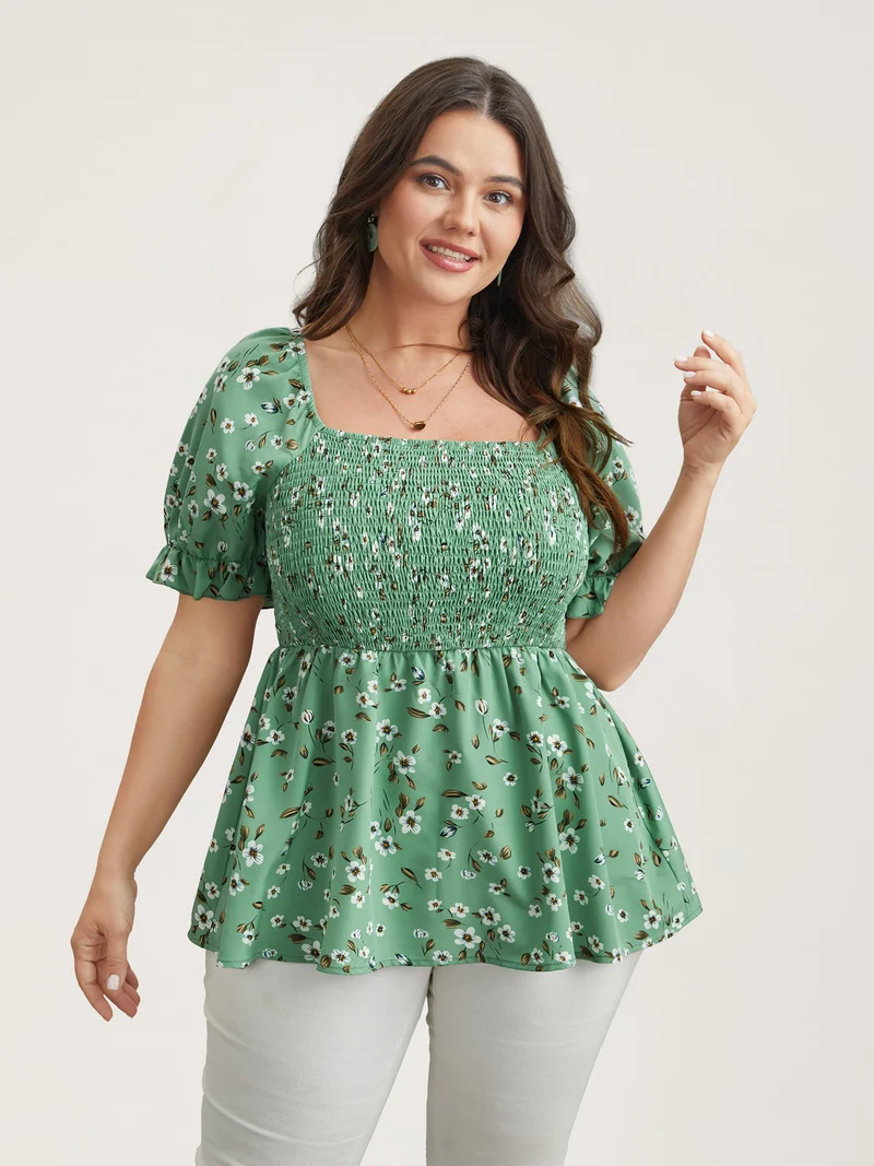 Floral Print Smocked Stretchy Waist Shirt