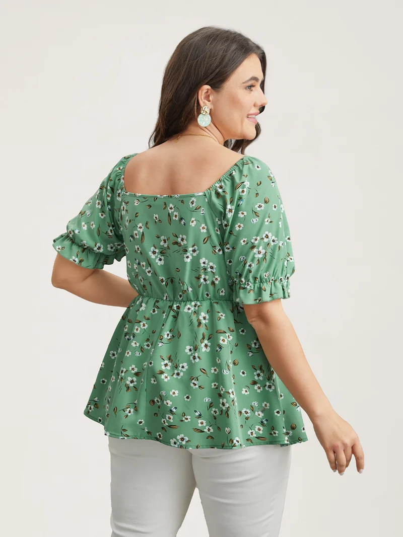 Floral Print Smocked Stretchy Waist Shirt
