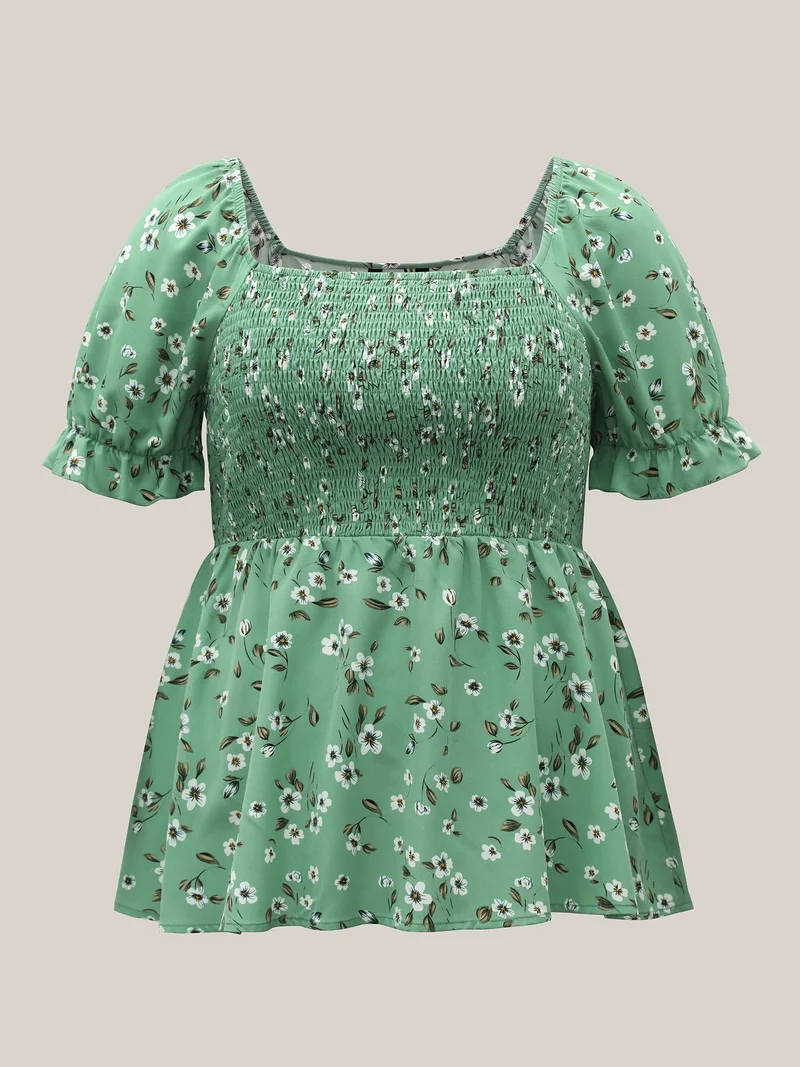 Floral Print Smocked Stretchy Waist Shirt