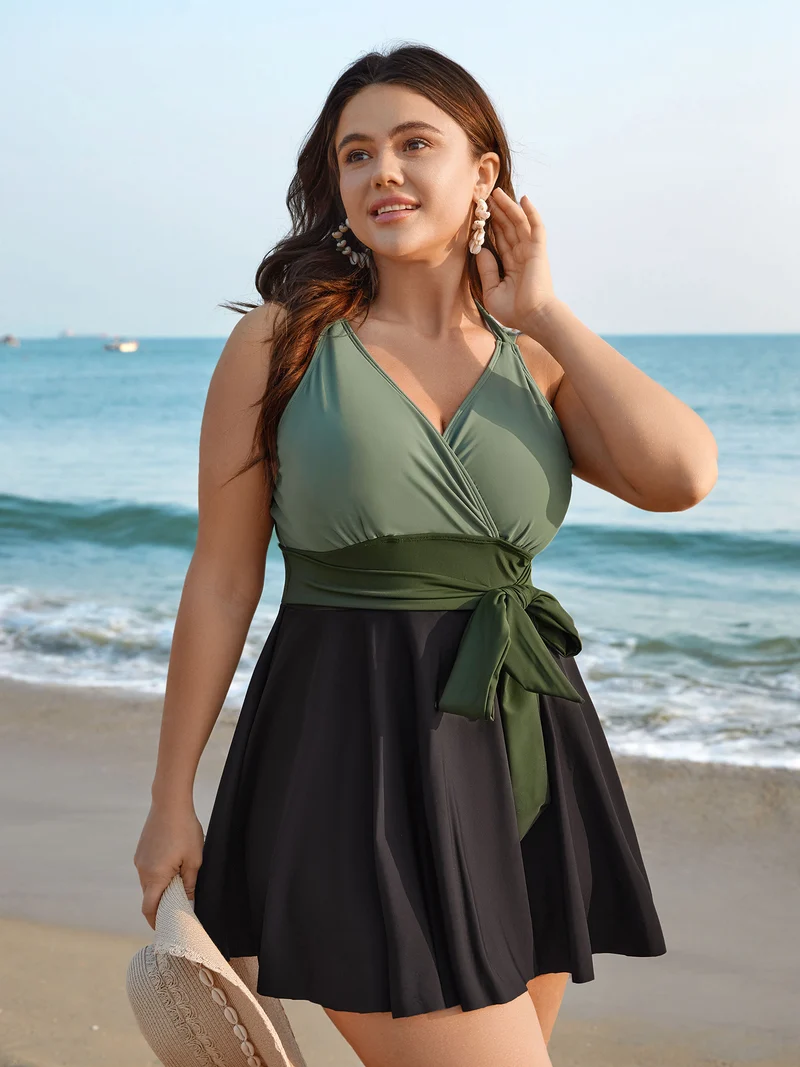 Color-Block Panelled Waist-Tie Swim Dress