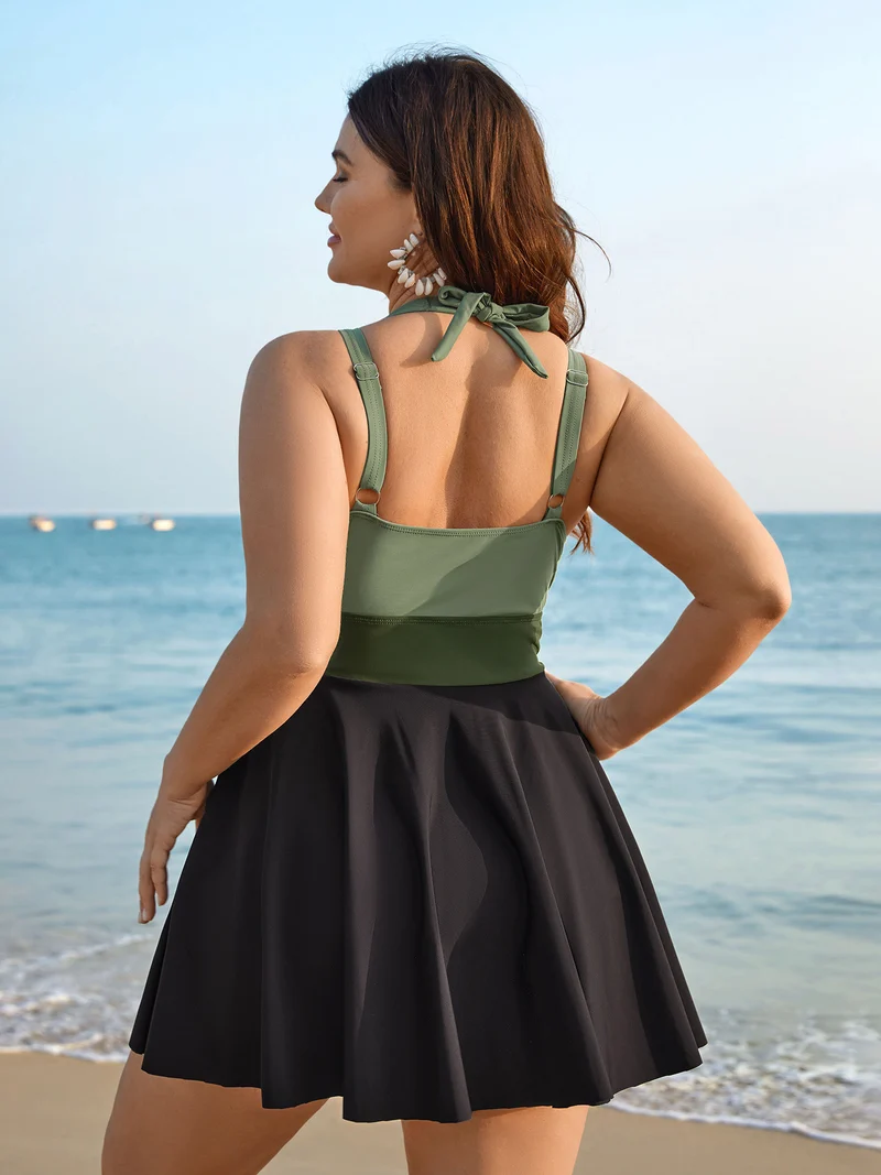 Color-Block Panelled Waist-Tie Swim Dress