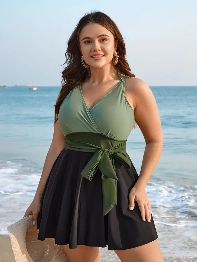 Color-Block Panelled Waist-Tie Swim Dress