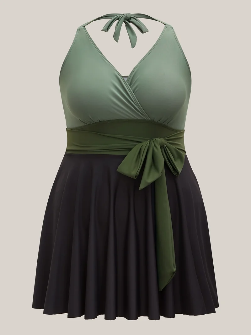 Color-Block Panelled Waist-Tie Swim Dress