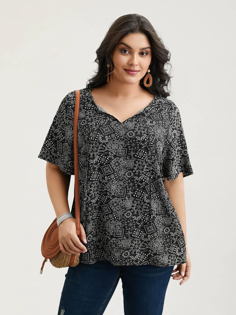 Boho Print Neck-Tie Blouse