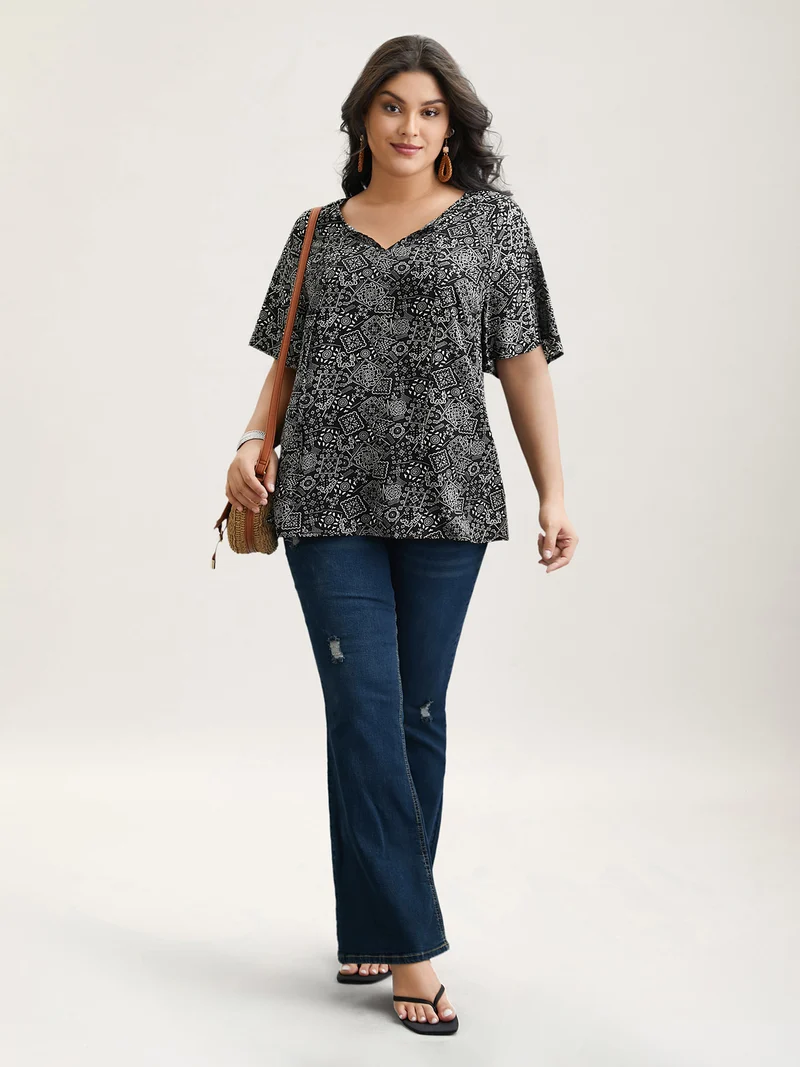 Boho Print Neck-Tie Blouse