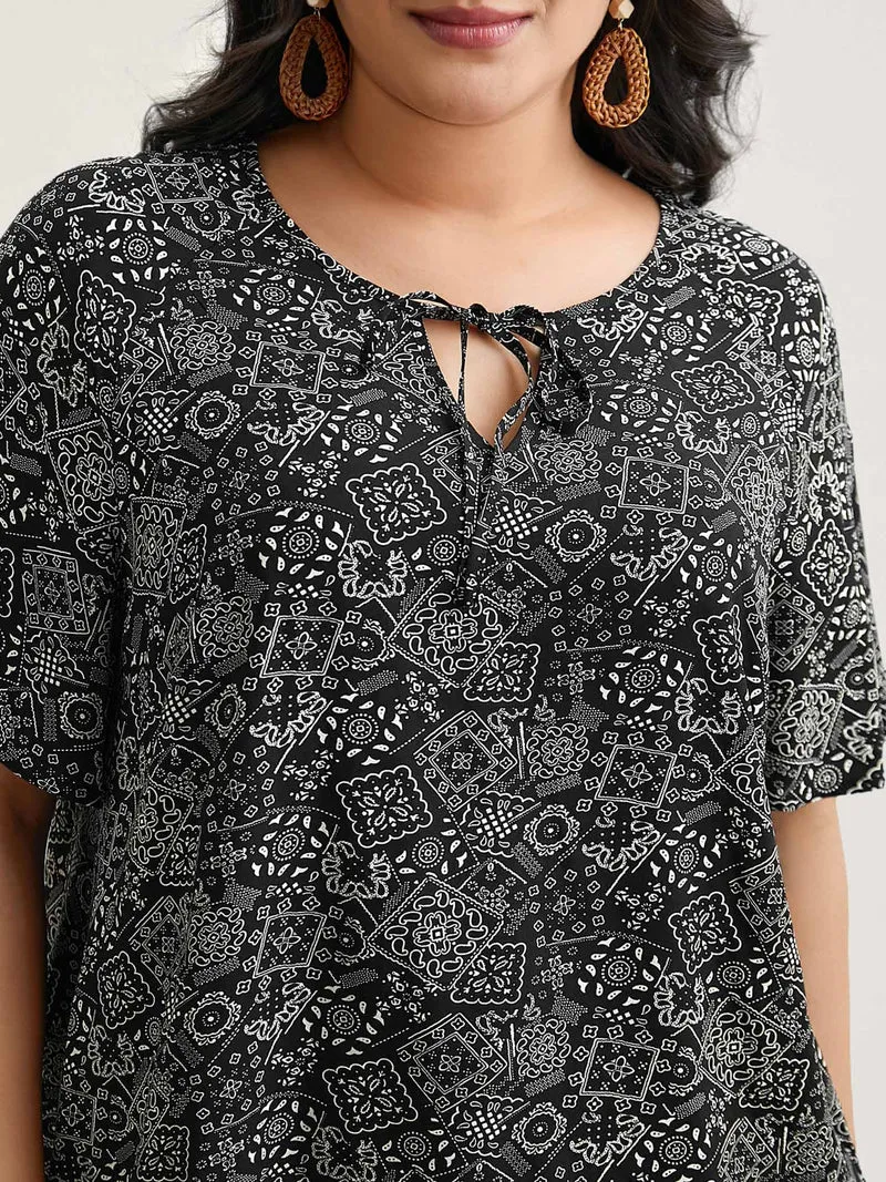 Boho Print Neck-Tie Blouse