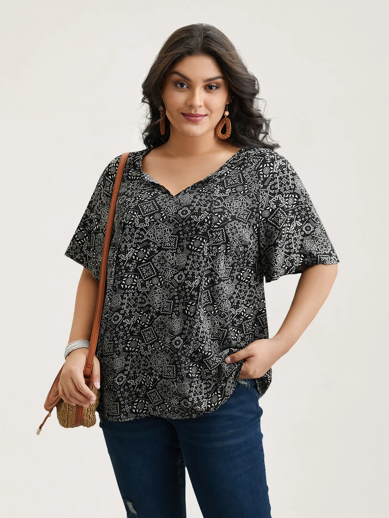 Boho Print Neck-Tie Blouse