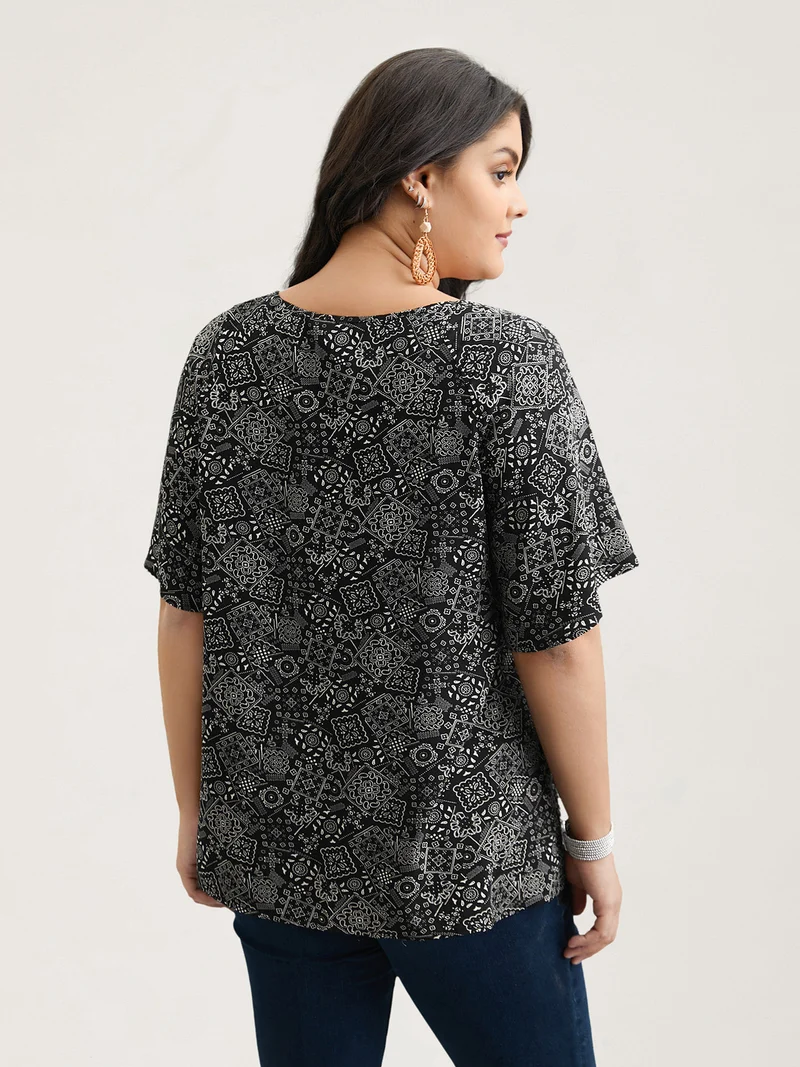 Boho Print Neck-Tie Blouse