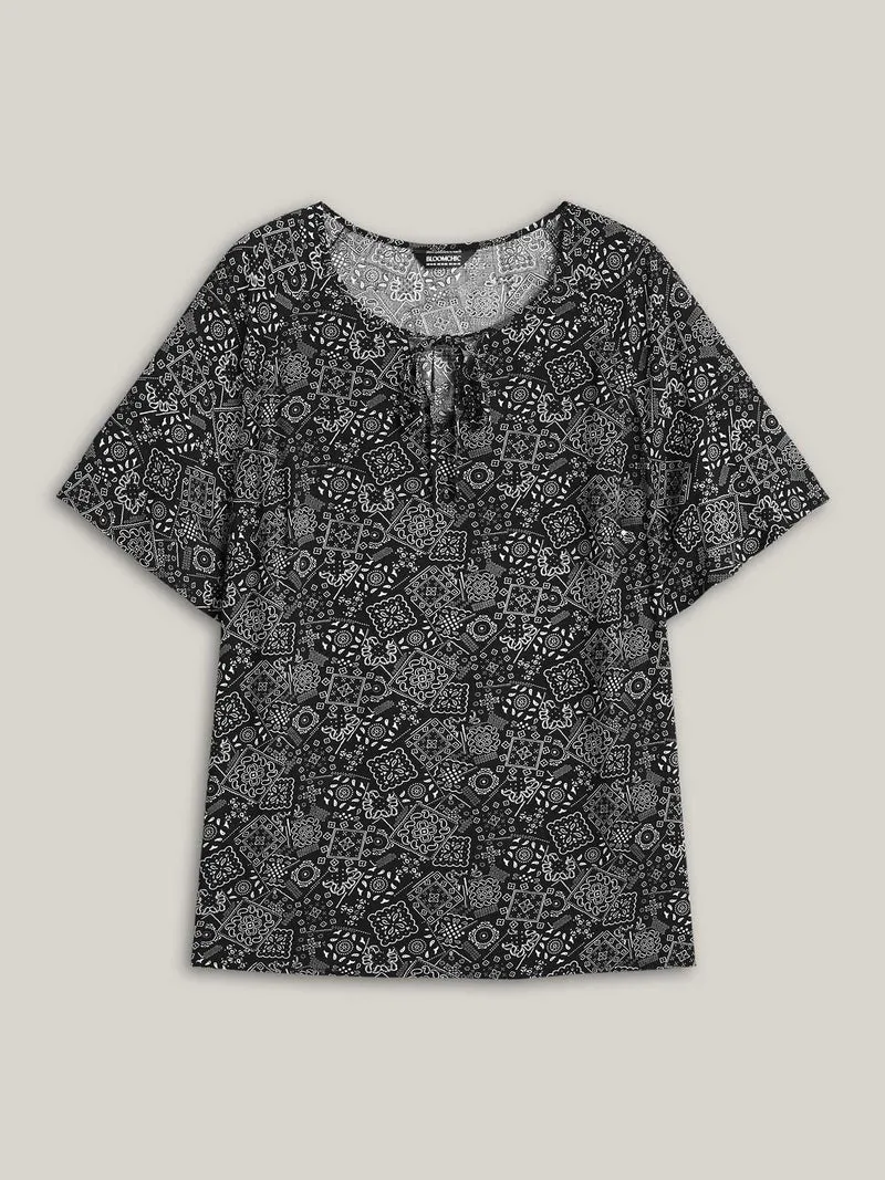 Boho Print Neck-Tie Blouse