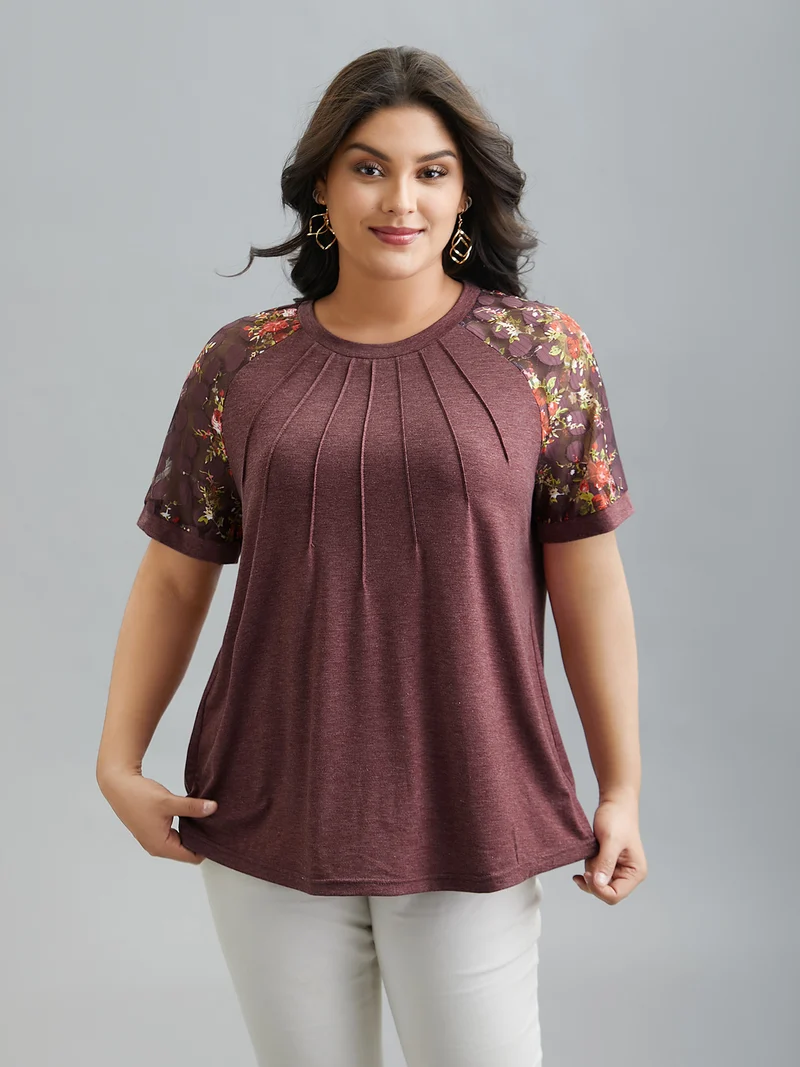Floral Plicated Detail Heather Stretchy T-Shirt