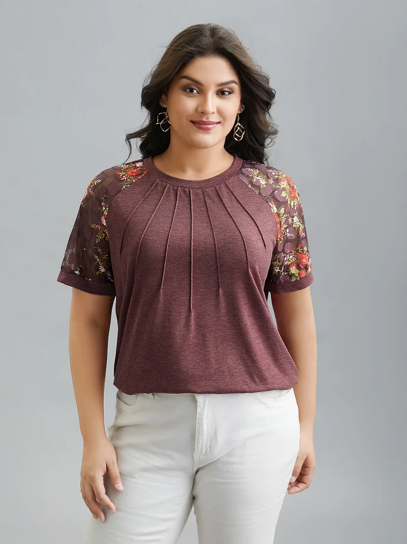 Floral Plicated Detail Heather Stretchy T-Shirt