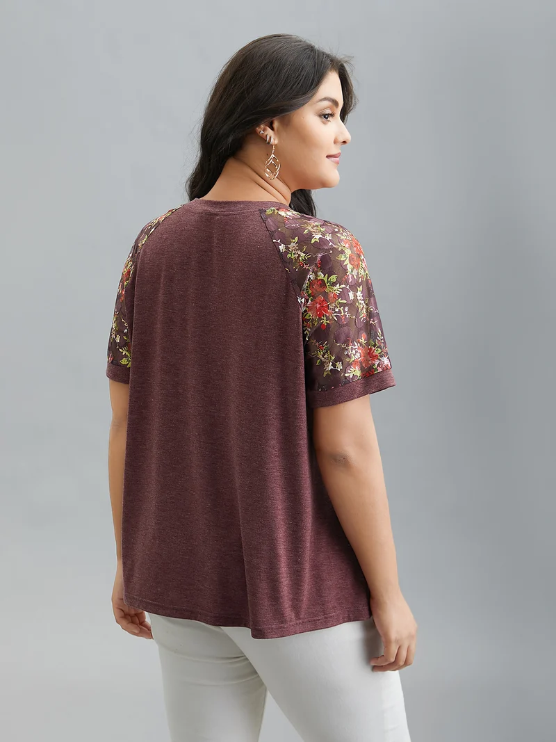 Floral Plicated Detail Heather Stretchy T-Shirt