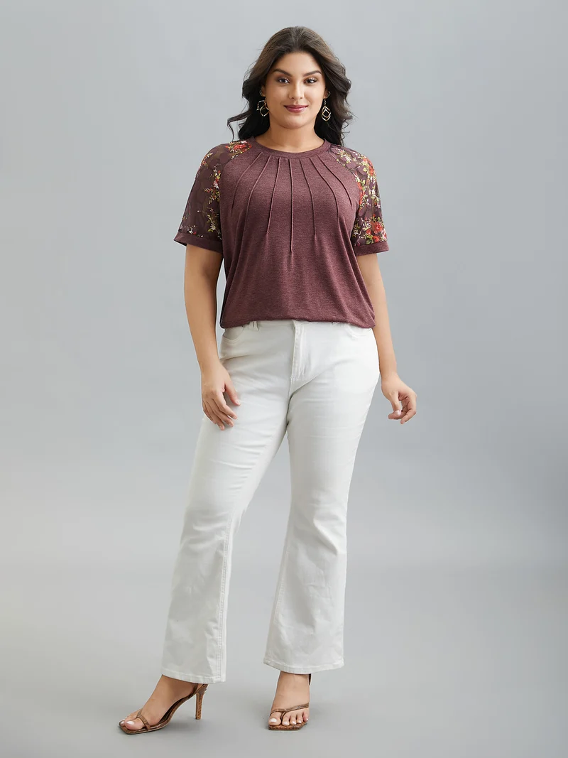 Floral Plicated Detail Heather Stretchy T-Shirt