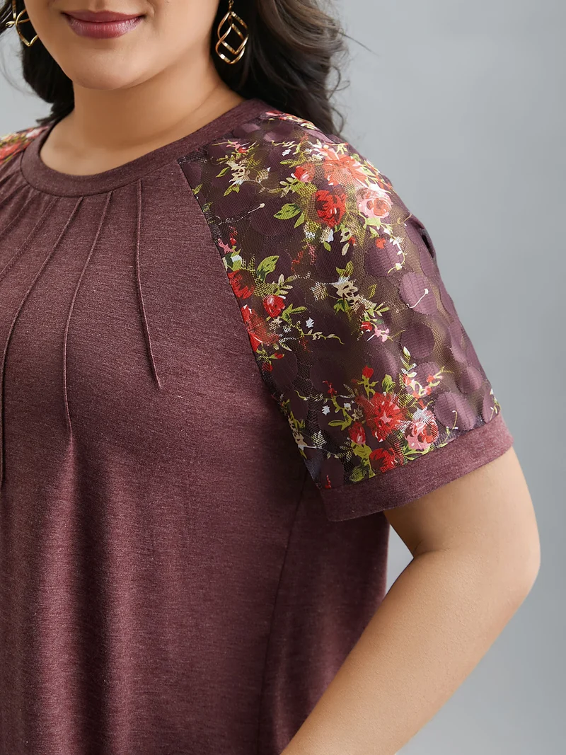 Floral Plicated Detail Heather Stretchy T-Shirt