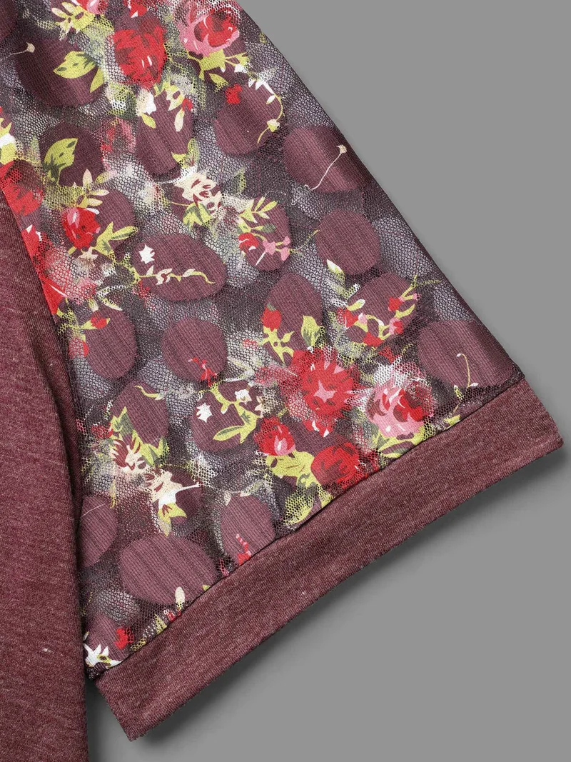 Floral Plicated Detail Heather Stretchy T-Shirt