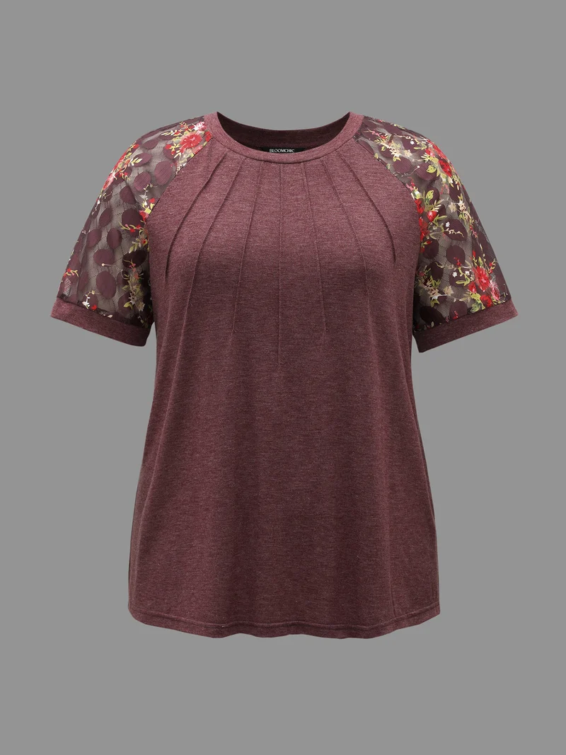 Floral Plicated Detail Heather Stretchy T-Shirt