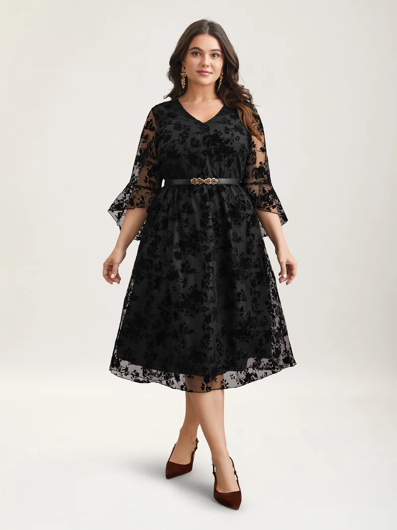 Sheer Textured Waist-Cinched Midi Dress