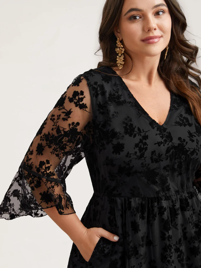 Sheer Textured Waist-Cinched Midi Dress