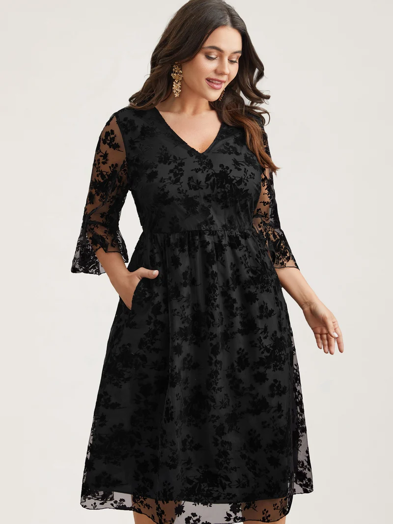 Sheer Textured Waist-Cinched Midi Dress