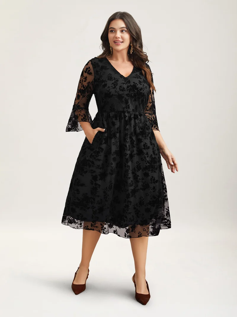 Sheer Textured Waist-Cinched Midi Dress