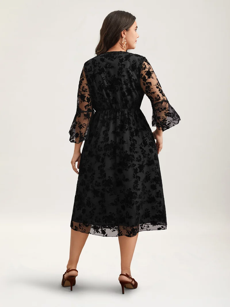 Sheer Textured Waist-Cinched Midi Dress