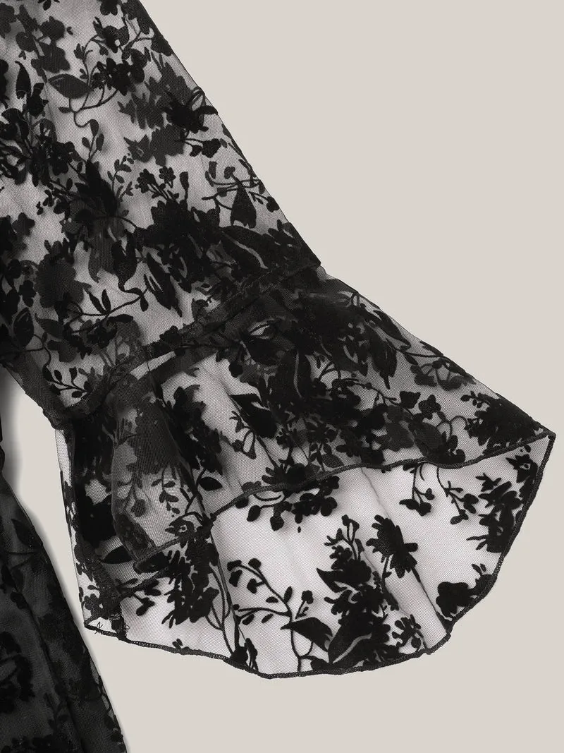 Sheer Textured Waist-Cinched Midi Dress