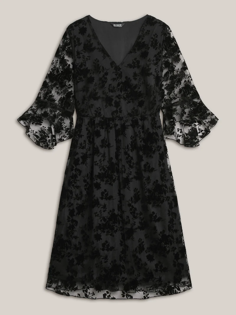 Sheer Textured Waist-Cinched Midi Dress