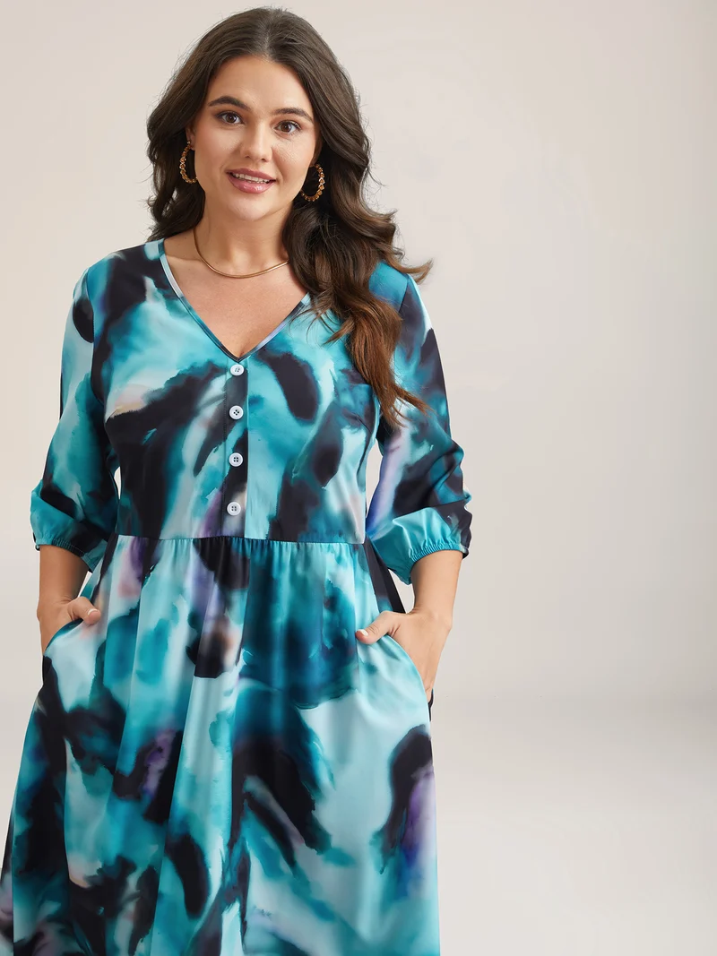 Tie-Dye Placket V-Neck Midi Dress