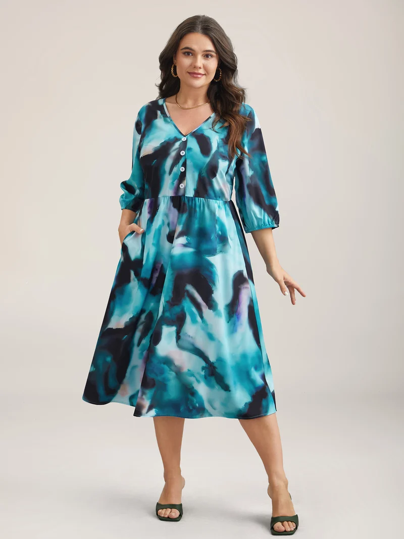 Tie-Dye Placket V-Neck Midi Dress