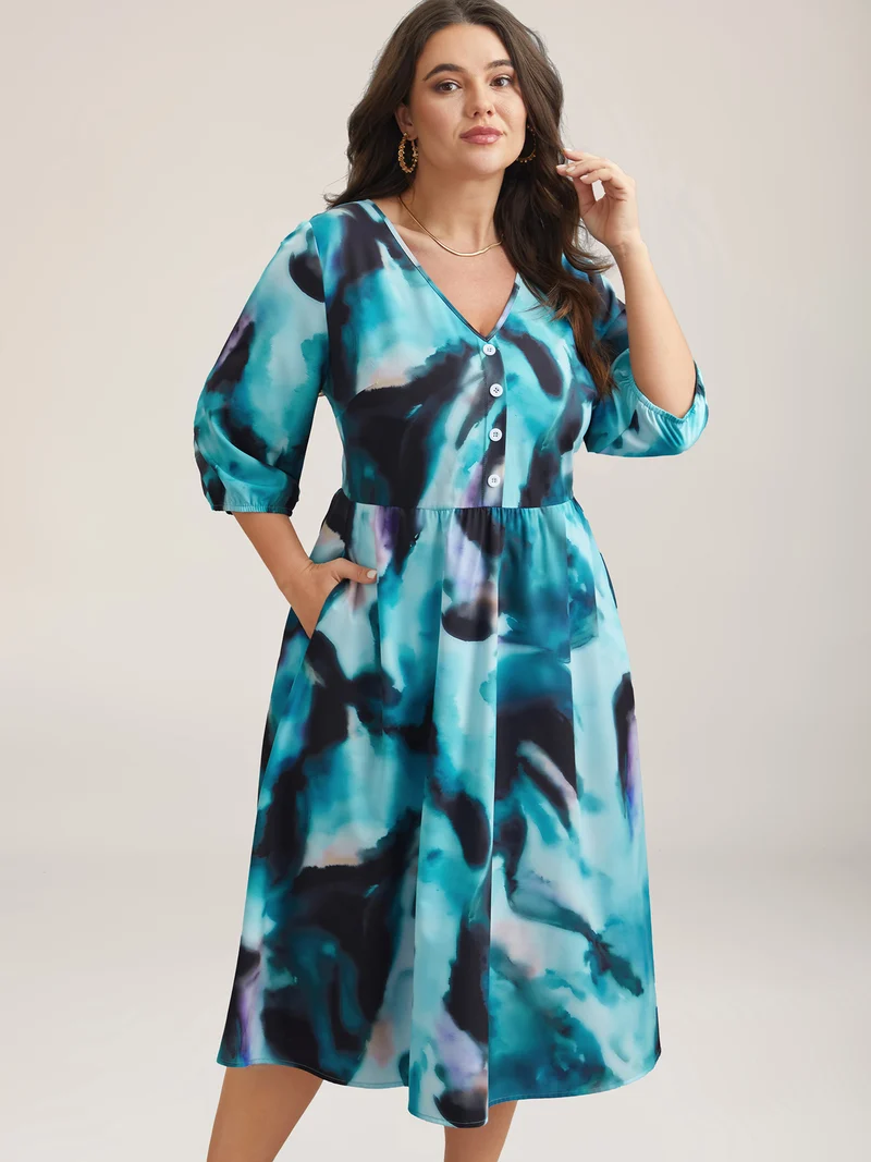 Tie-Dye Placket V-Neck Midi Dress