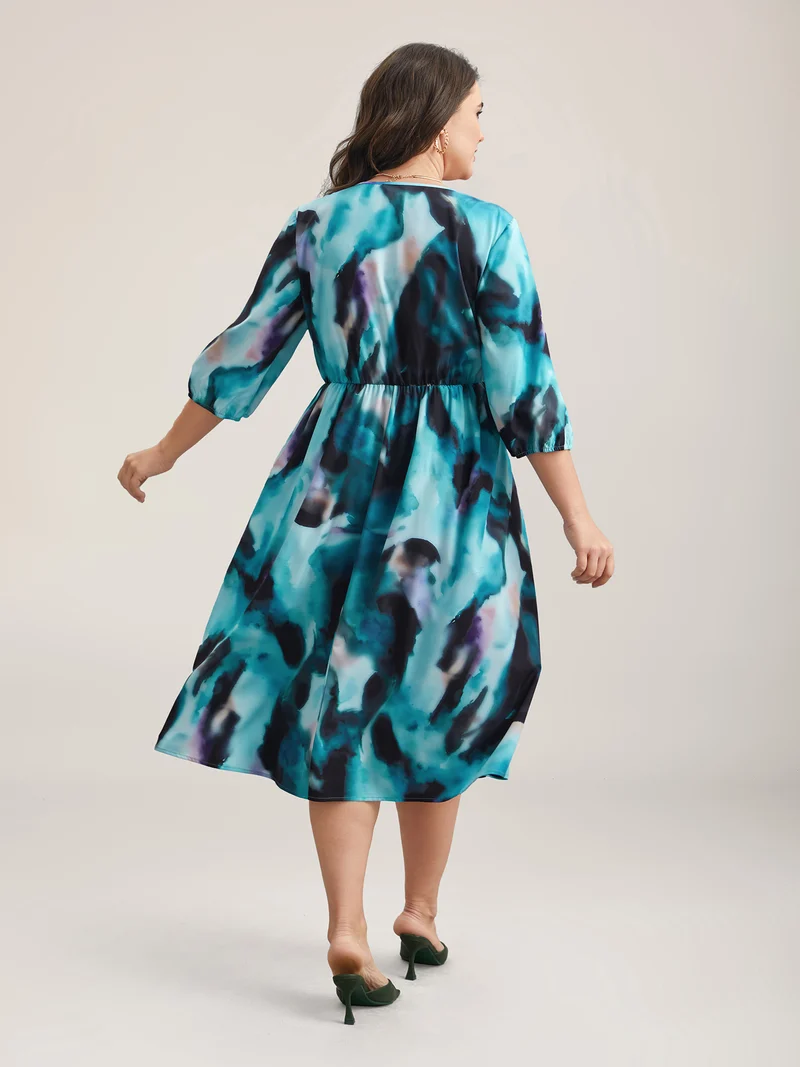 Tie-Dye Placket V-Neck Midi Dress