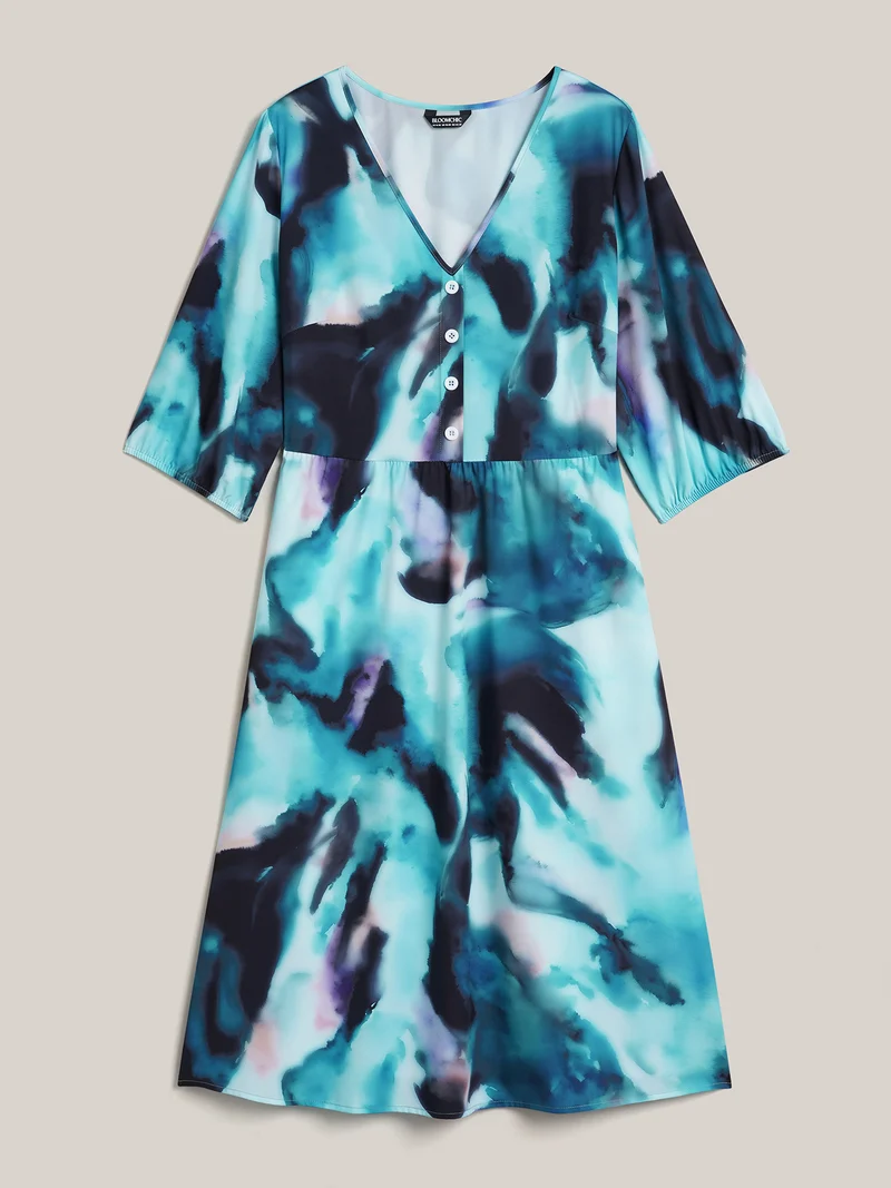 Tie-Dye Placket V-Neck Midi Dress