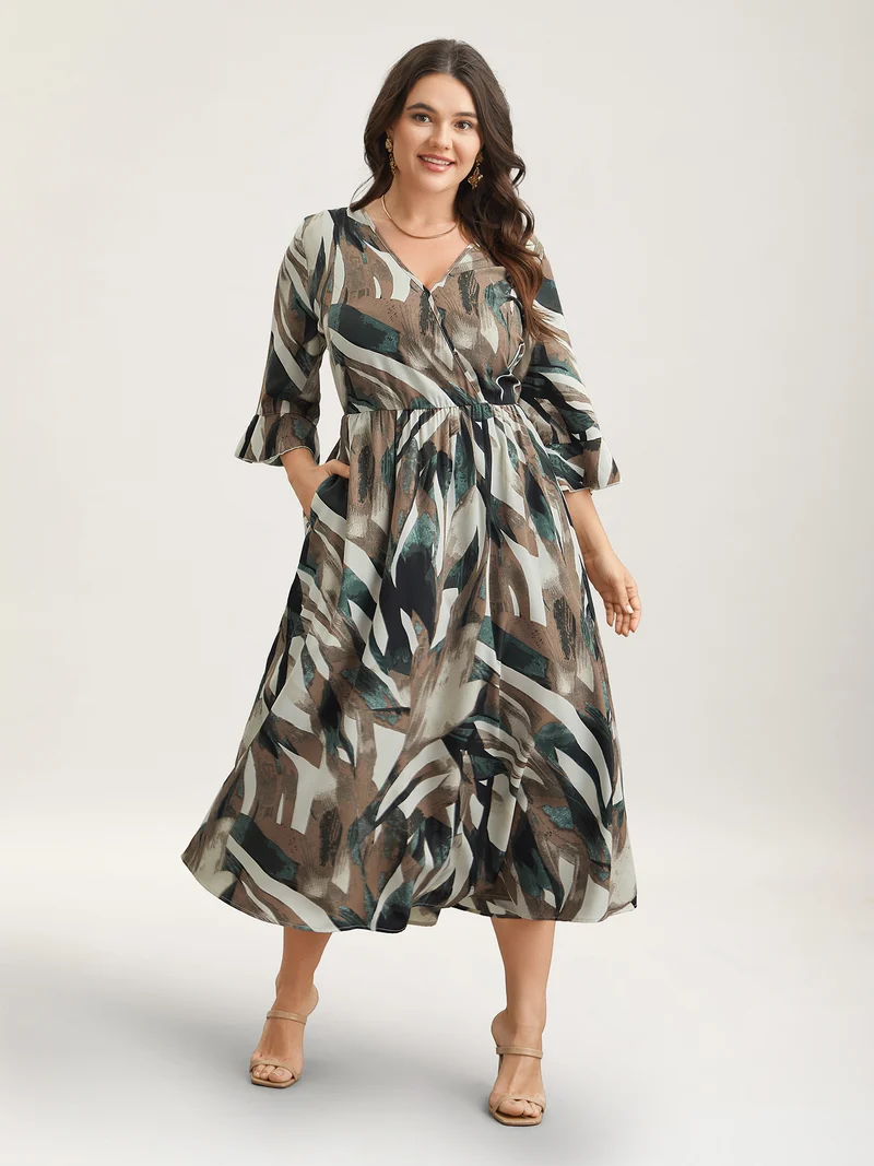Abstract Print Lotus Leaf Cuff Pockets Dress
