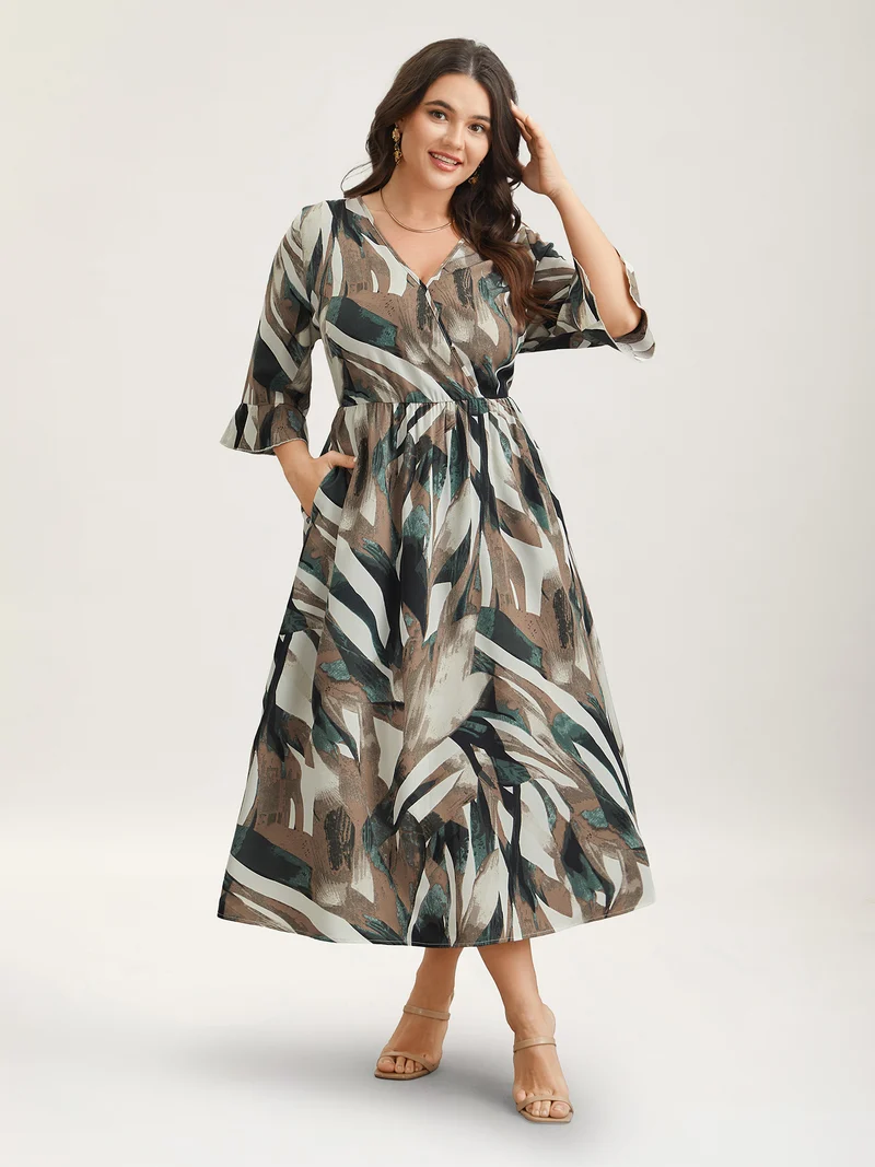 Abstract Print Lotus Leaf Cuff Pockets Dress