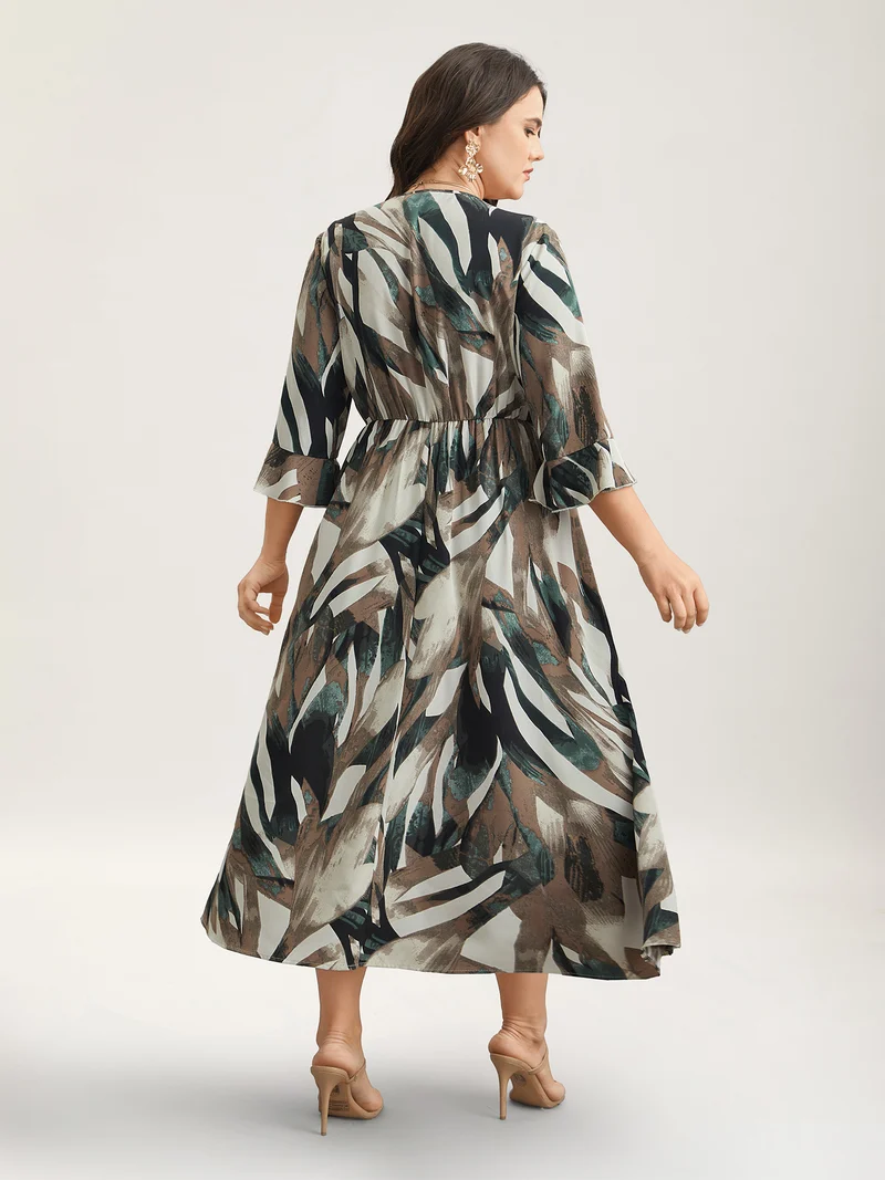 Abstract Print Lotus Leaf Cuff Pockets Dress
