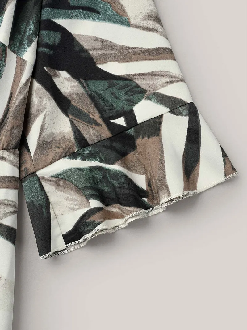 Abstract Print Lotus Leaf Cuff Pockets Dress