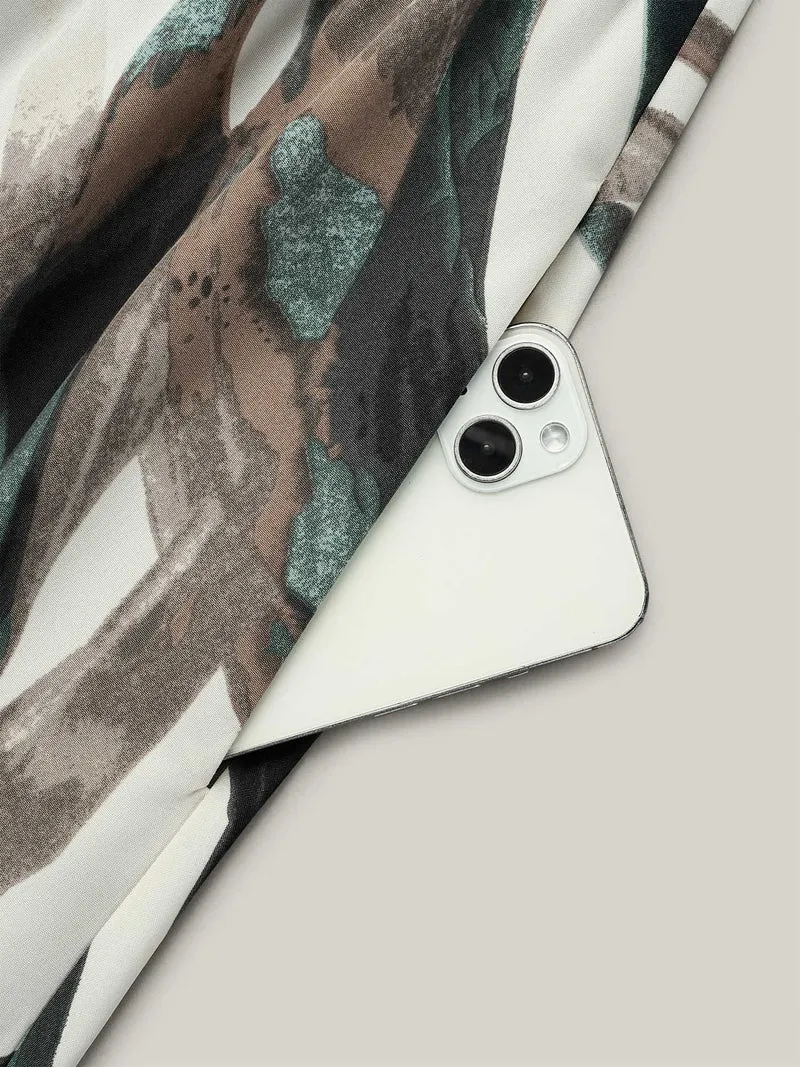 Abstract Print Lotus Leaf Cuff Pockets Dress