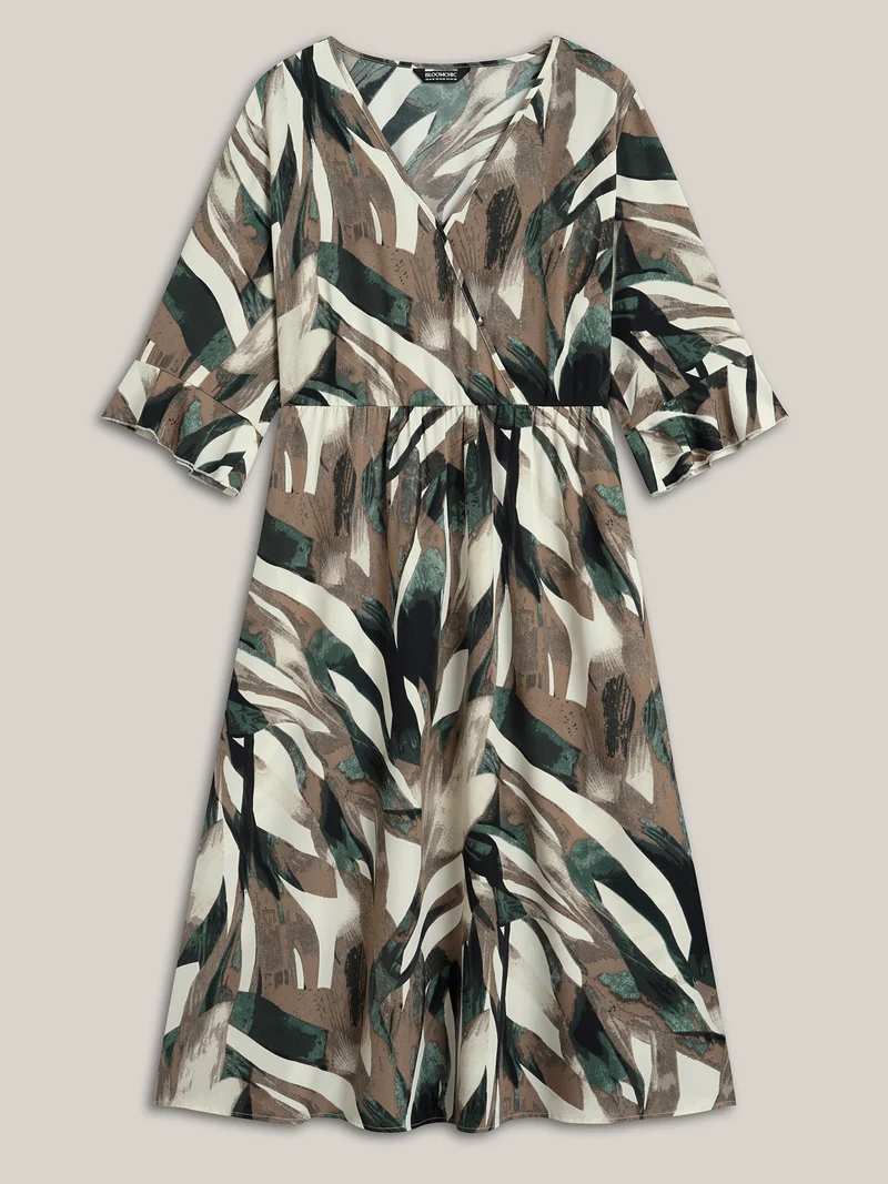 Abstract Print Lotus Leaf Cuff Pockets Dress