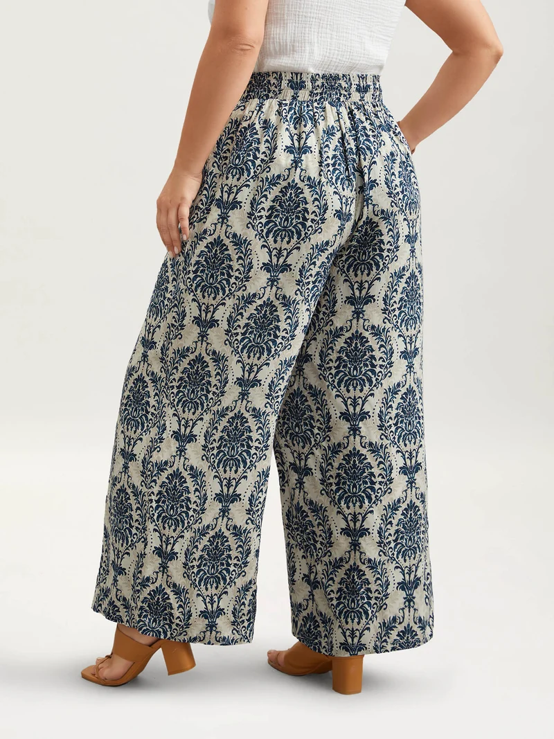 Damask Print Tassel Straight-Leg Pants