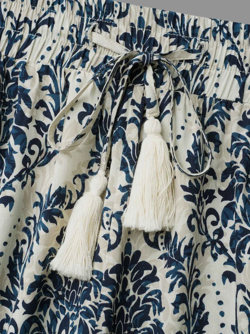 Damask Print Tassel Straight-Leg Pants