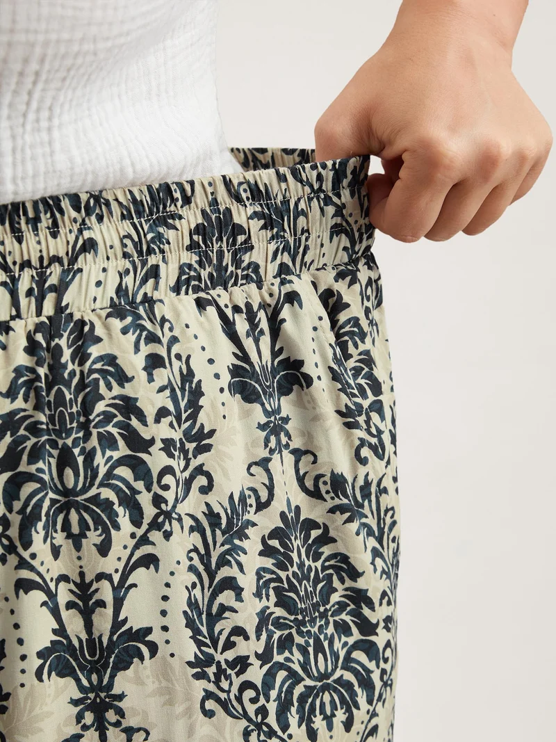 Damask Print Tassel Straight-Leg Pants