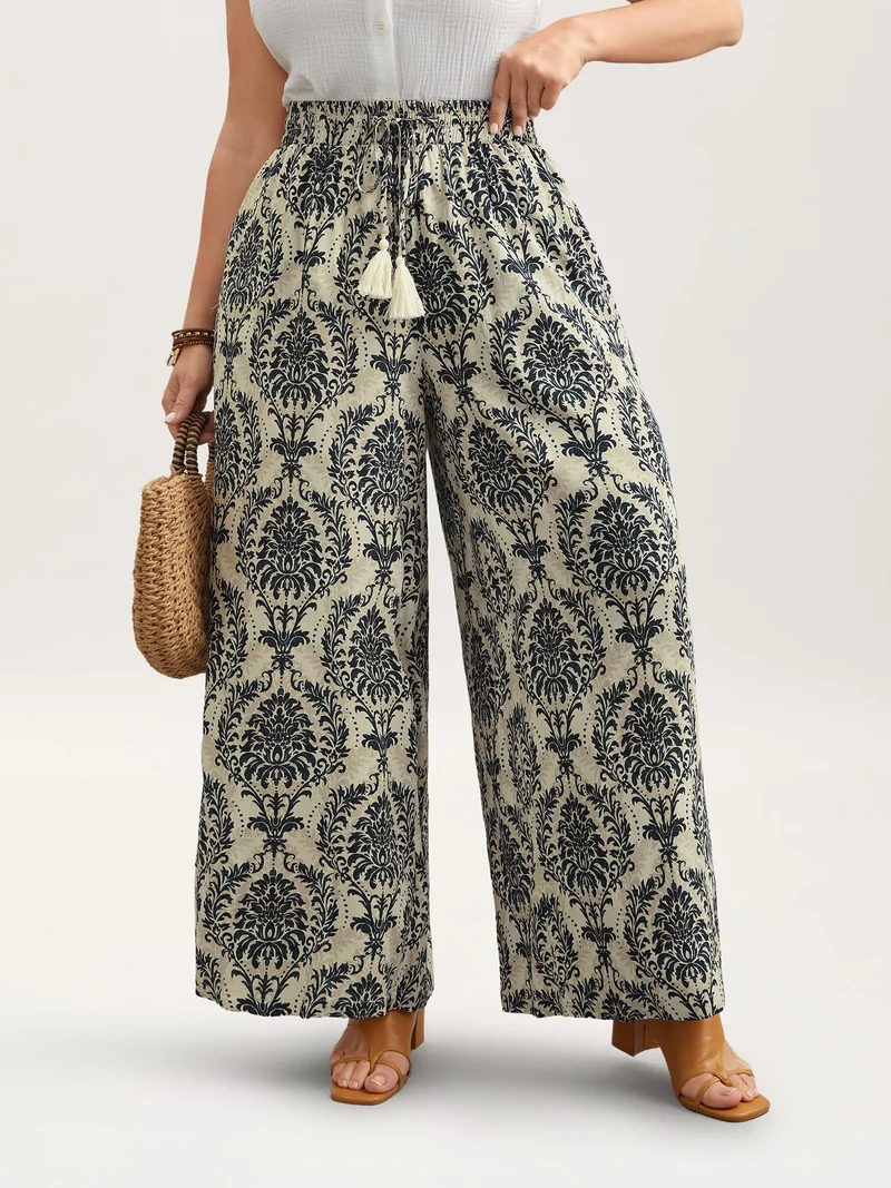 Damask Print Tassel Straight-Leg Pants