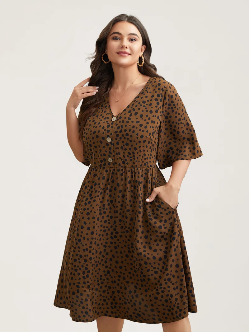 Leopard Print Button Placket Midi Dress